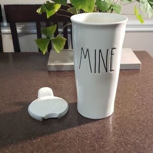 Rae Dunn *Mine* Ceramic Coffee Tumbler Travel Ivory Mug with Lid 12oz